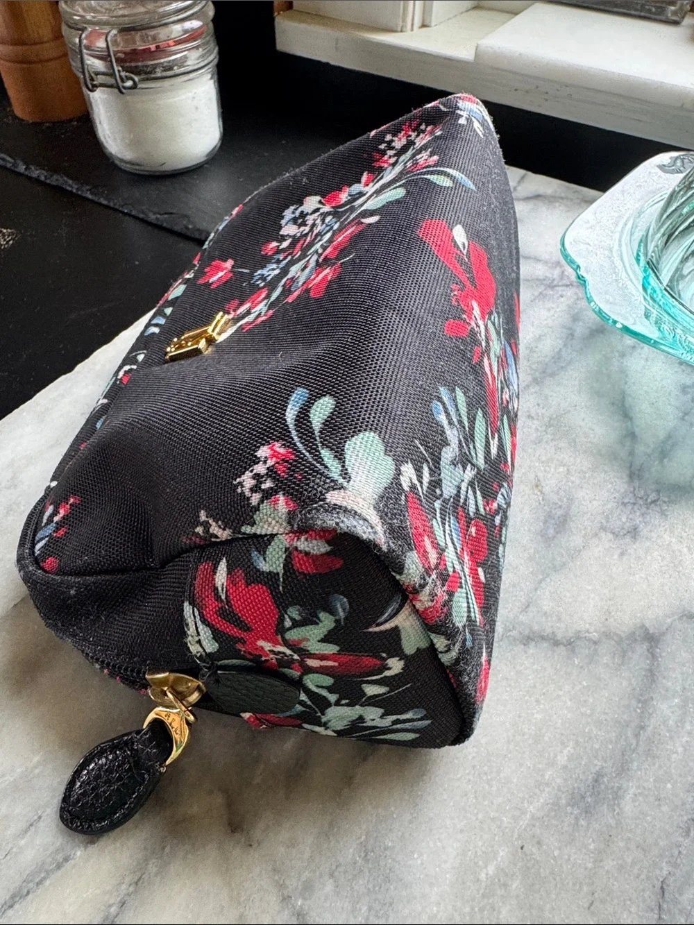 Ralph Lauren Black Floral Cosmetic Case with Gold Logo